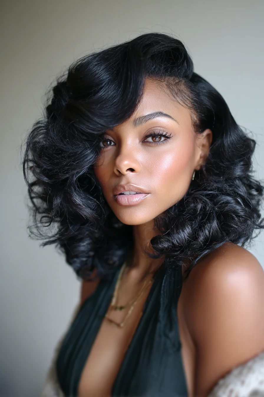 Voluminous Side-Swept Shoulder-Length Curls — Retro Glam Hairstyle